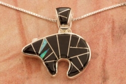 Calvin Begay Genuine Acoma Jet Sterling Silver Bear Pendant